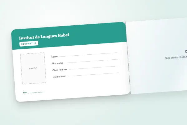 student ID card template “Institut de Langues Babel” (adhesive flap cards, write-on, green banner): front and back