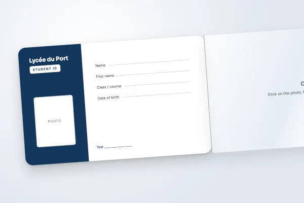 student ID card template “Lycée du Port” (adhesive flap cards, write-on, navy column): front and back