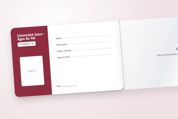 student ID card template “Université Inter-Âges du Val” (adhesive flap cards, write-on, burgundy column): front and back