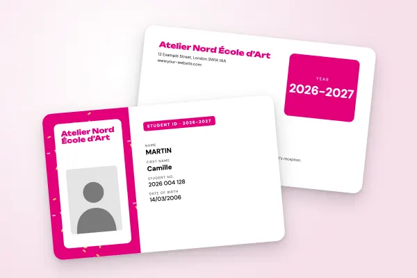 student ID card template “Atelier Nord École d’Art” (arts and training, pattern, magenta): front and back