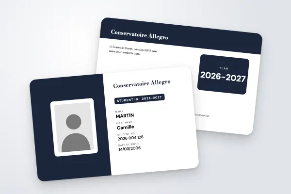 student ID card template “Conservatoire Allegro” (arts and training, half colour, framed photo, midnight): front and back