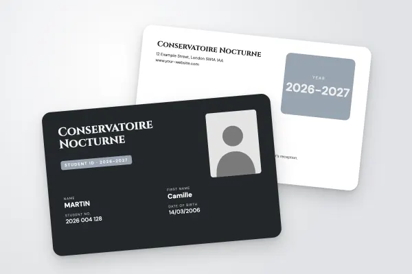 student ID card template “Conservatoire Nocturne” (arts and training, large name, two-column fields, charcoal and silver): front and back