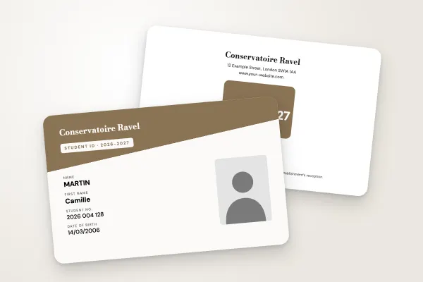 student ID card template “Conservatoire Ravel” (arts and training, diagonal header, bronze): front and back