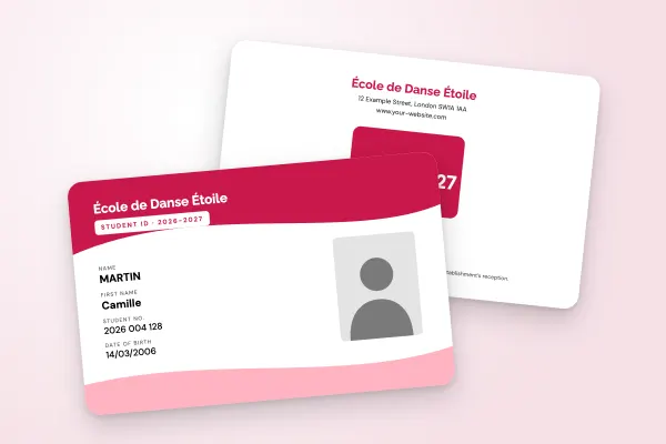 student ID card template “École de Danse Étoile” (arts and training, waves, raspberry): front and back