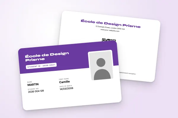 student ID card template “École de Design Prisme” (arts and training, two-tone, overlapping photo, purple): front and back