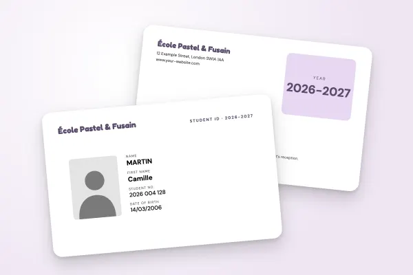 student ID card template “École Pastel & Fusain” (arts and training, colour background, light panel, lilac): front and back