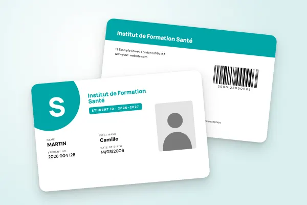 student ID card template “Institut de Formation Santé” (arts and training, large initial, turquoise): front and back