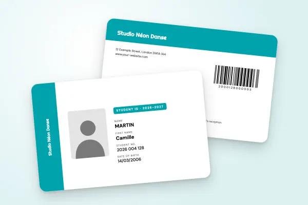 student ID card template “Studio Néon Danse” (arts and training, side band, vertical name, turquoise and yellow): front and back