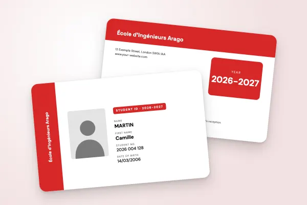 student ID card template “École d’Ingénieurs Arago” (business and engineering schools, side band, vertical name, red): front and back