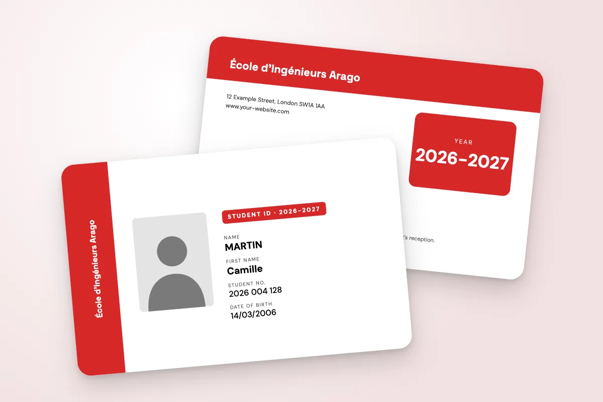 student ID card template “École d’Ingénieurs Arago” (business and engineering schools, side band, vertical name, red): front and back