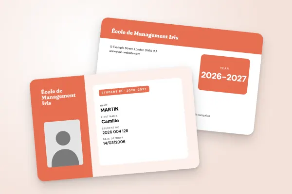 student ID card template “École de Management Iris” (business and engineering schools, column, coral): front and back