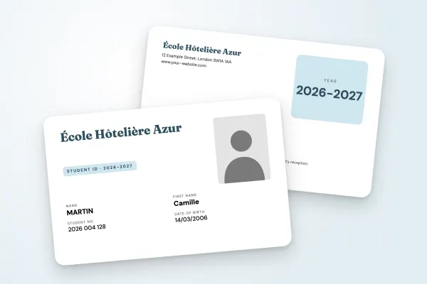 student ID card template “École Hôtelière Azur” (business and engineering schools, large name, two-column fields, sky blue): front and back