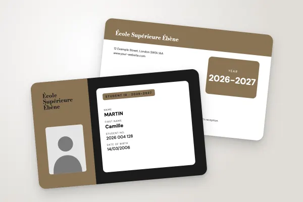 student ID card template “École Supérieure Ébène” (business and engineering schools, column, black and bronze): front and back