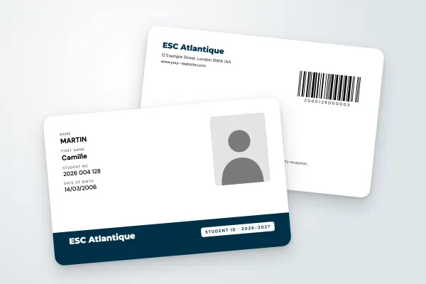 student ID card template “ESC Atlantique” (business and engineering schools, bottom banner, midnight blue): front and back