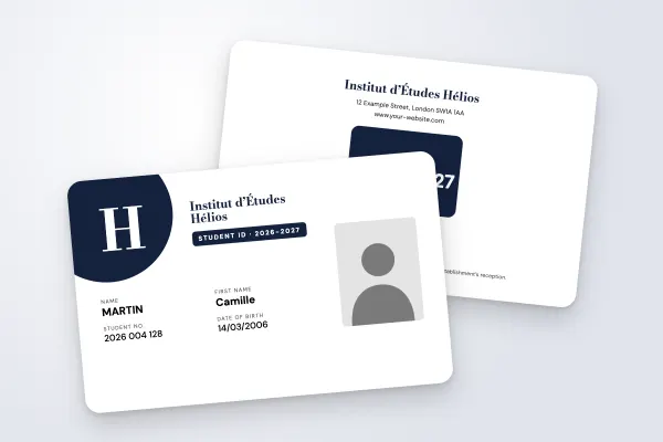 student ID card template “Institut d’Études Hélios” (business and engineering schools, large initial, midnight blue): front and back