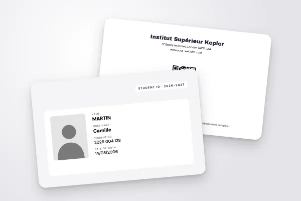 student ID card template “Institut Supérieur Kepler” (business and engineering schools, colour background, light panel, charcoal): front and back