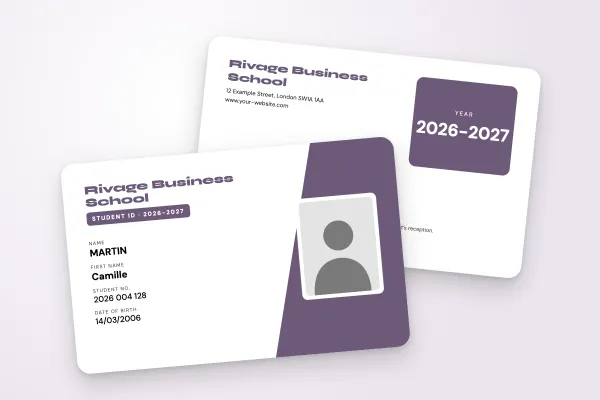 student ID card template “Rivage Business School” (business and engineering schools, slanted block, framed photo, plum and coral): front and back