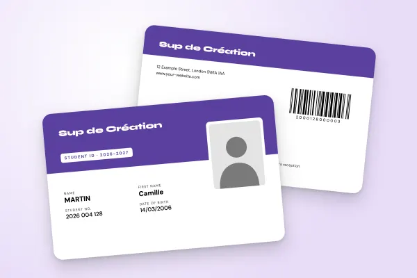 student ID card template “Sup de Création” (business and engineering schools, two-tone, overlapping photo, purple): front and back