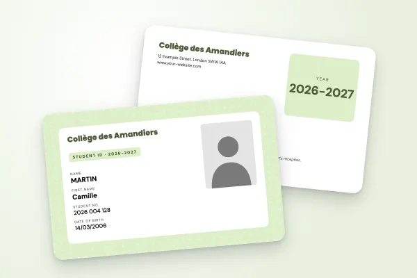 student ID card template “Collège des Amandiers” (secondary schools, full pattern, light panel, almond green): front and back