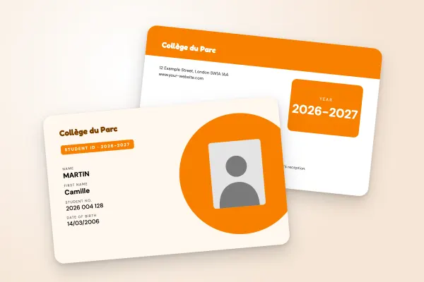 student ID card template “Collège du Parc” (secondary schools, dot, orange): front and back