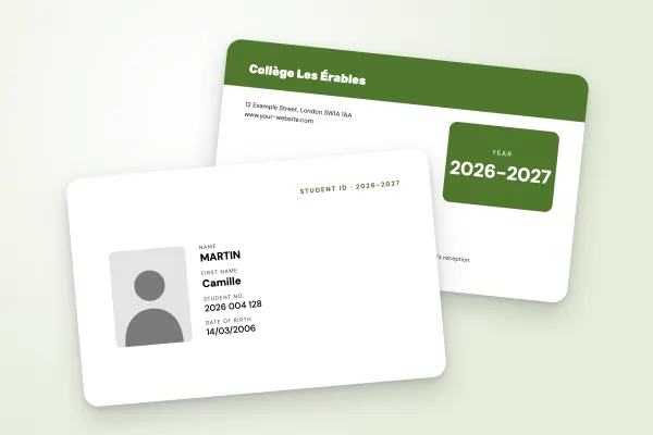 student ID card template “Collège Les Érables” (secondary schools, colour background, light panel, green waves): front and back