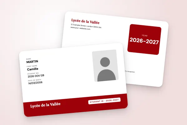 student ID card template “Lycée de la Vallée” (secondary schools, bottom banner, red): front and back