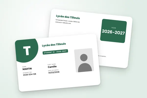 student ID card template “Lycée des Tilleuls” (secondary schools, large initial, forest green): front and back