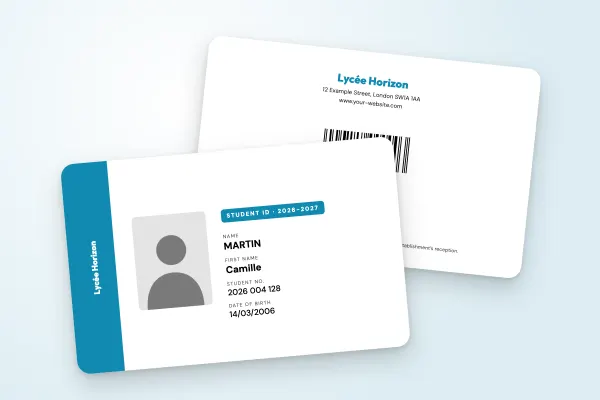 student ID card template “Lycée Horizon” (secondary schools, side band, vertical name, petrol blue): front and back