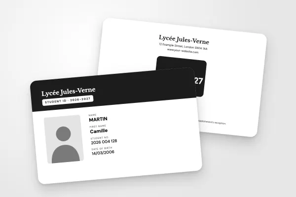 student ID card template “Lycée Jules-Verne” (secondary schools, banner, black and white): front and back