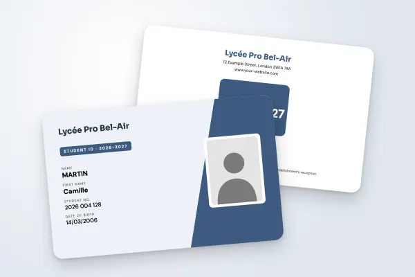 student ID card template “Lycée Pro Bel-Air” (secondary schools, slanted block, framed photo, steel blue): front and back