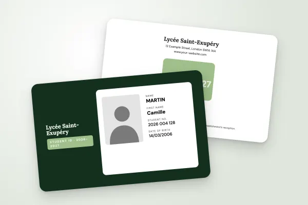 student ID card template “Lycée Saint-Exupéry” (secondary schools, dark background, bottle green): front and back