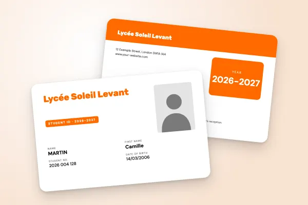 student ID card template “Lycée Soleil Levant” (secondary schools, large name, two-column fields, orange): front and back