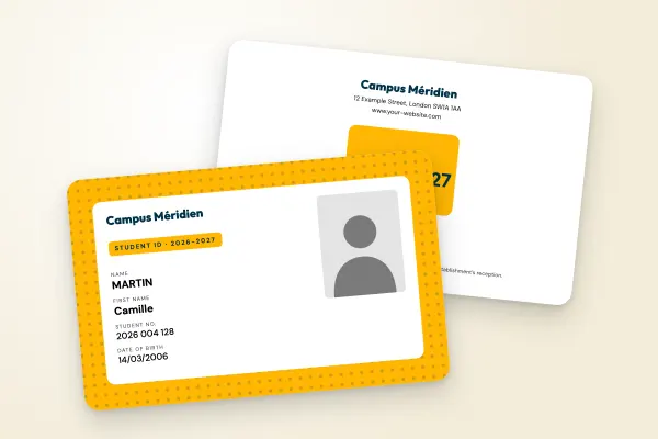 student ID card template “Campus Méridien” (universities, full pattern, light panel, yellow): front and back