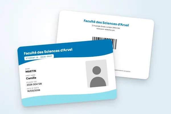 student ID card template “Faculté des Sciences d’Arvel” (universities, waves, blue): front and back