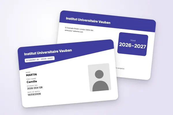 student ID card template “Institut Universitaire Vauban” (universities, diagonal header, purple): front and back