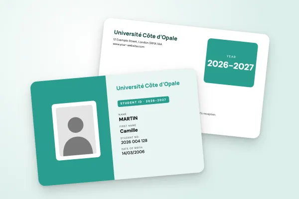 student ID card template “Université Côte d’Opale” (universities, half colour, framed photo, aqua green): front and back
