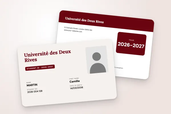 student ID card template “Université des Deux Rives” (universities, large name, two-column fields, burgundy): front and back