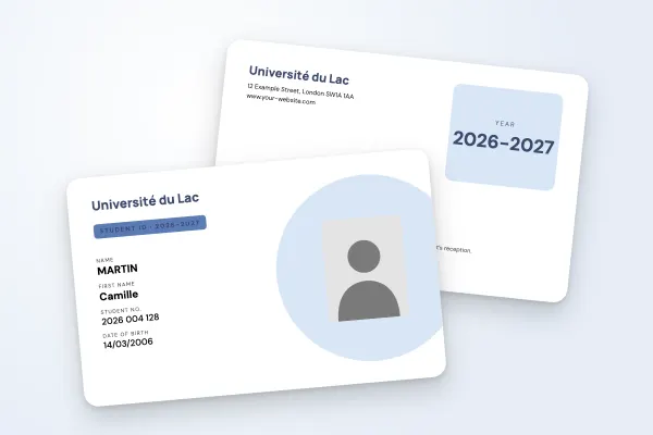 student ID card template “Université du Lac” (universities, dot, blue): front and back