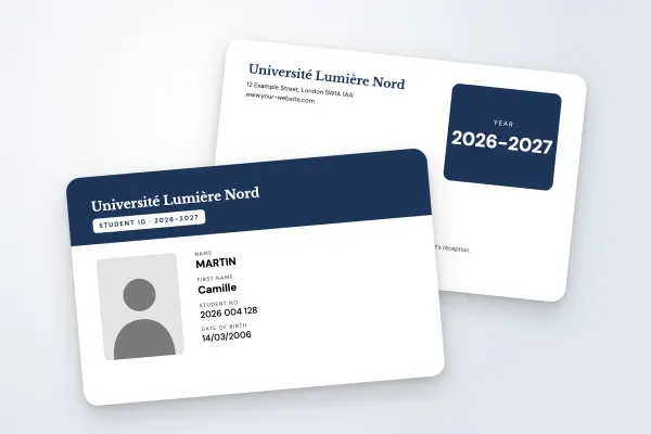 student ID card template “Université Lumière Nord” (universities, banner, navy blue): front and back