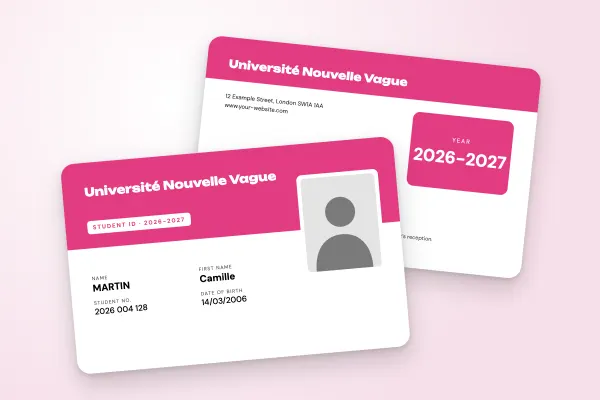 student ID card template “Université Nouvelle Vague” (universities, two-tone, overlapping photo, fuchsia and yellow): front and back