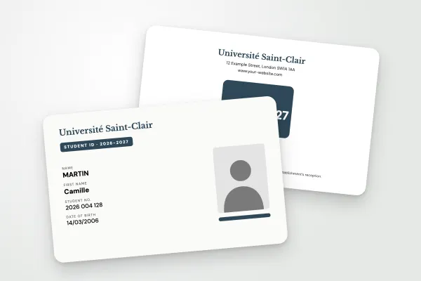 student ID card template “Université Saint-Clair” (universities, understated, slate): front and back