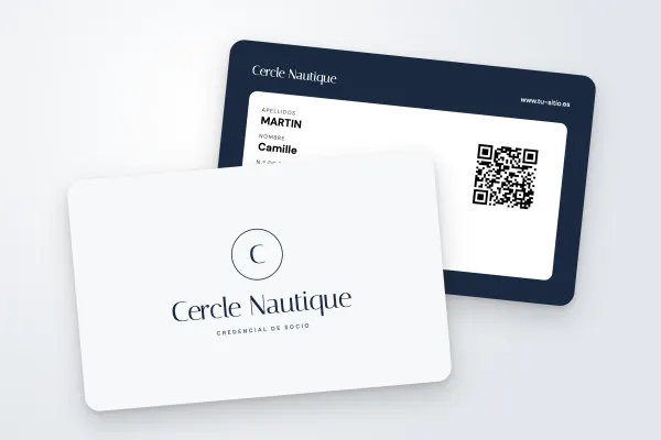 Modelo de credencial «Cercle Nautique» (clubes deportivos y asociaciones, sello elegante, azul marino): anverso y reverso
