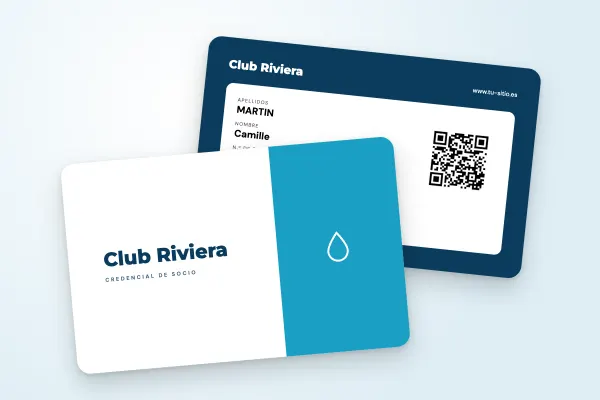 Modelo de credencial «Club Riviera» (clubes deportivos y asociaciones, dos tonos, azul laguna): anverso y reverso