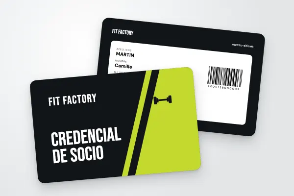 Modelo de credencial «Fit Factory» (clubes deportivos y asociaciones, bisel, verde lima): anverso y reverso