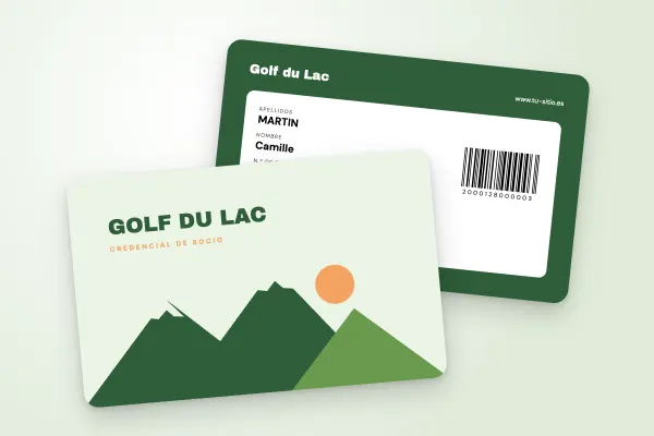 Modelo de credencial «Golf du Lac» (clubes deportivos y asociaciones, colinas, verde y naranja): anverso y reverso