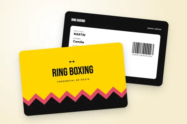 Modelo de credencial «Ring Boxing» (clubes deportivos y asociaciones, zigzag, amarillo y negro): anverso y reverso