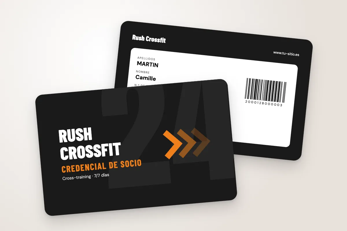 Modelo de credencial «Rush Crossfit» (clubes deportivos y asociaciones, número grande y chevrones, naranja): anverso y reverso