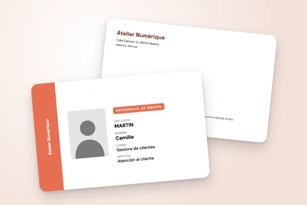 Modelo de credencial «Atelier Numérique» (empresas y administraciones, banda lateral, coral): anverso y reverso