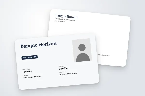 Modelo de credencial «Banque Horizon» (empresas y administraciones, nombre en grande, pizarra): anverso y reverso