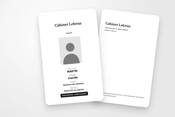 Modelo de credencial «Cabinet Lebrun» (empresas y administraciones, vertical, sobrio blanco y negro): anverso y reverso